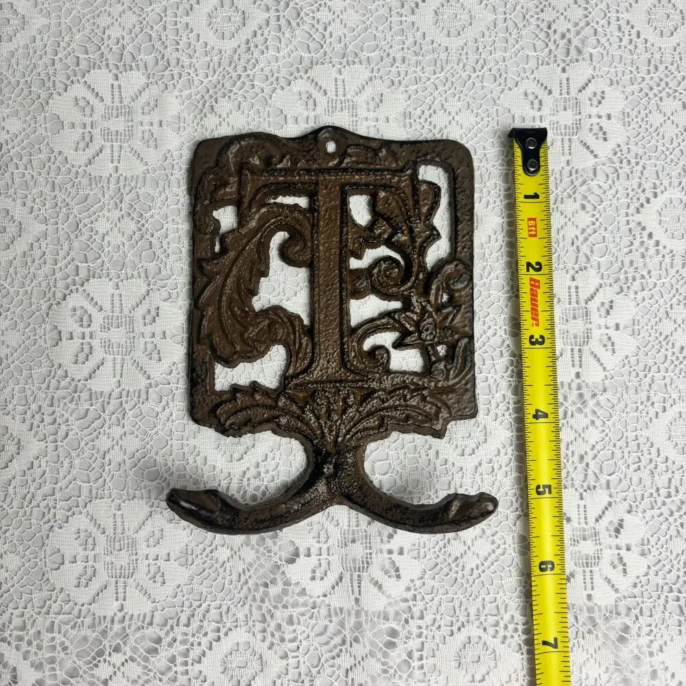 Vintage Cast Iron Wall Hook Ornate Victorian Style Rustic Brown Coat Hat Hook